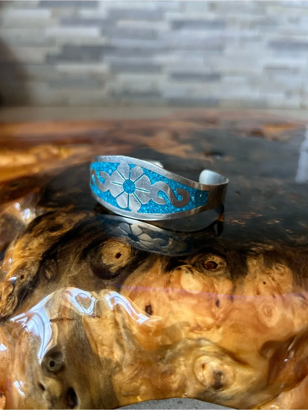 Mexico Turquoise Inlay Silver Cuff Bracelet